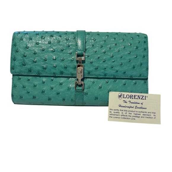 Lorenzi Handbags - Lorenzi Genuine Ostrich Leather Womens Green Silver Hardware logo Purse